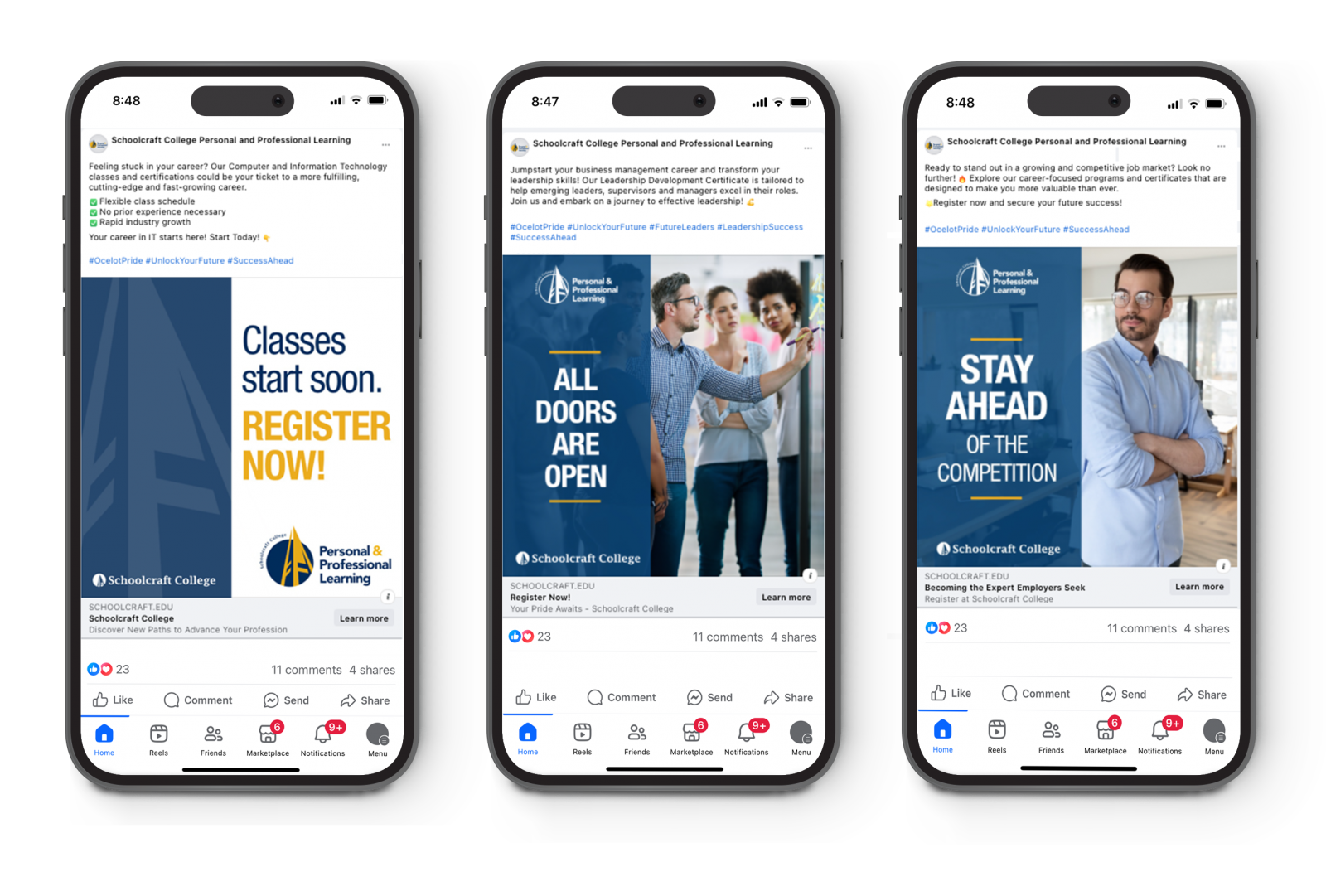 Schoolcraft College course promotions on phone screens